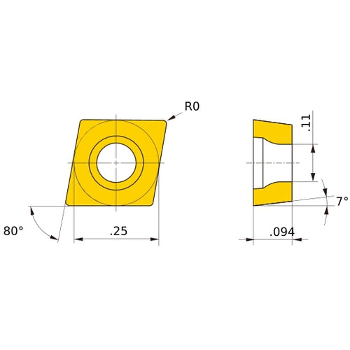 CCET 21.5 R-SN NX2525, 0 Corner Radius, 3/32″ Thick, 1/4″ Inscribed Circle, Turning Indexable Insert