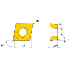 CCET 21.5 R-SN VP15TF, 0 mm Corner Radius, 2.38 mm Thick, 6.35 mm Inscribed Circle, Turning Indexable Insert