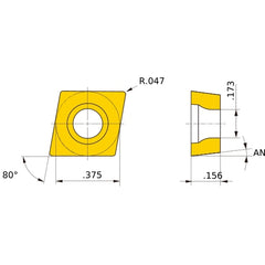 CCMW 32.53 flat_top MC5005, 1.2 mm Corner Radius, 3.97 mm Thick, 9.525 mm Inscribed Circle, Turning Indexable Insert