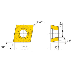CPMH 322 MV VP15TF, 0.8 mm Corner Radius, 3.18 mm Thick, 9.525 mm Inscribed Circle, Turning Indexable Insert