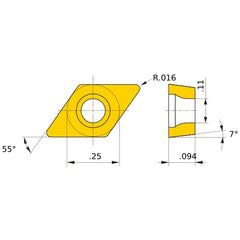 DCET 21.51 L-SN VP15TF, 0.4 mm Corner Radius, 2.38 mm Thick, 6.35 mm Inscribed Circle, Turning Indexable Insert