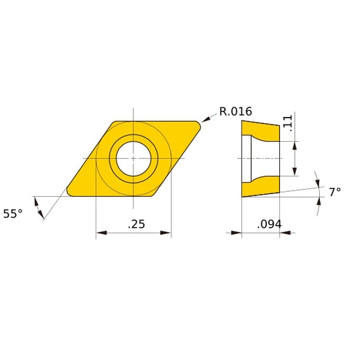DCET 21.51 R-SR NX2525, 1/64″ Corner Radius, 3/32″ Thick, 1/4″ Inscribed Circle, Turning Indexable Insert