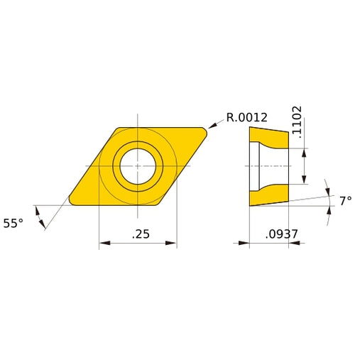 DCET 21.5 L-SN HTi10, 0.03 mm Corner Radius, 2.38 mm Thick, 6.35 mm Inscribed Circle, Turning Indexable Insert