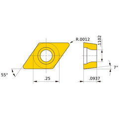 DCET 21.5 R-SR HTi10, 0.03 mm Corner Radius, 2.38 mm Thick, 6.35 mm Inscribed Circle, Turning Indexable Insert