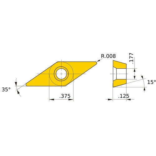VDGX 320.5 R HTi10, 0.2 mm Corner Radius, 3.18 mm Thick, 9.525 mm Inscribed Circle, Turning Indexable Insert