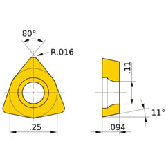 WPMT 21.51 MV MP3025, 0.4 mm Corner Radius, 2.38 mm Thick, 6.35 mm Inscribed Circle, Turning Indexable Insert